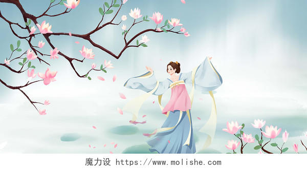 蓝色水墨画古风中国风传统汉服女子人物跳舞创意展板背景汉服背景